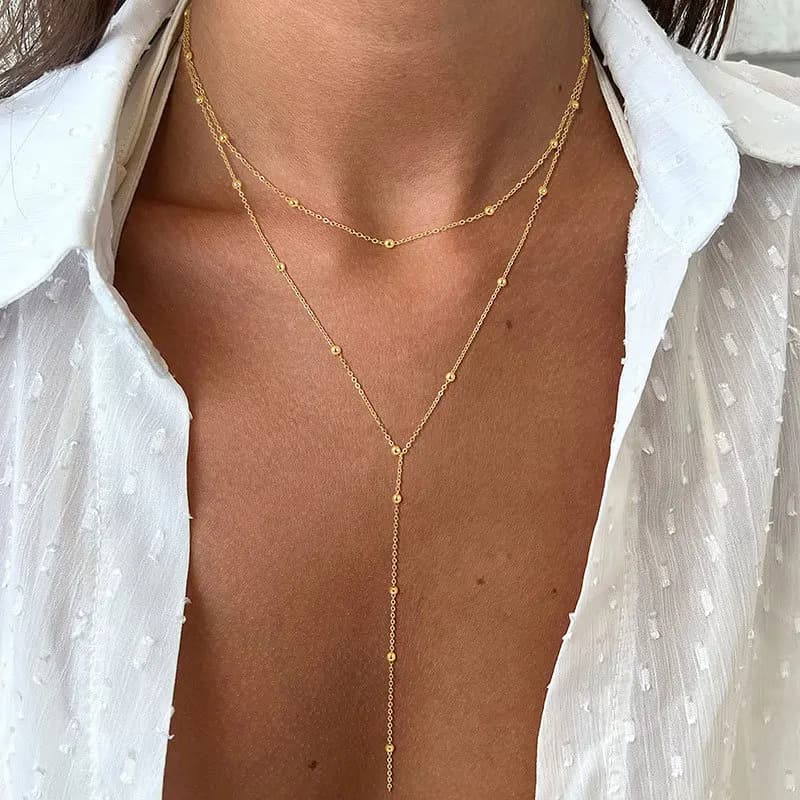 New Design Long Necklace Y Shaped Pendant Necklace with Fashionable Layered Cz Beads Stainless Steel Jewelry