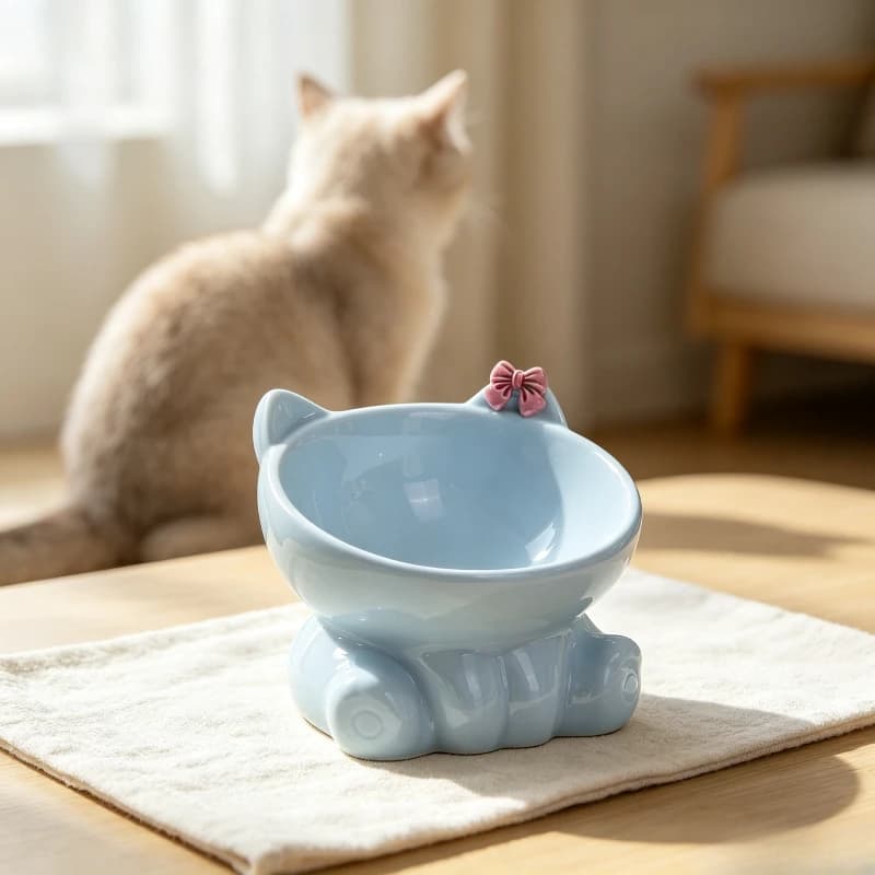 Cute Bow Cat Paw Ceramic Cat Bowl Tilt Neck Protection Anti Chin Stain Pet Feeder Bowl for Cat Food and Water