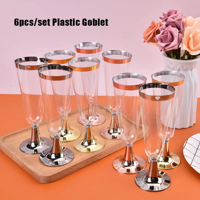 Set di 6 Bicchieri Monouso per Vino Rosso, Flute in Plastica per Champagne, Calici per Cocktail, Accessori per Feste e Matrimoni, Bicchieri da Bar 150ml