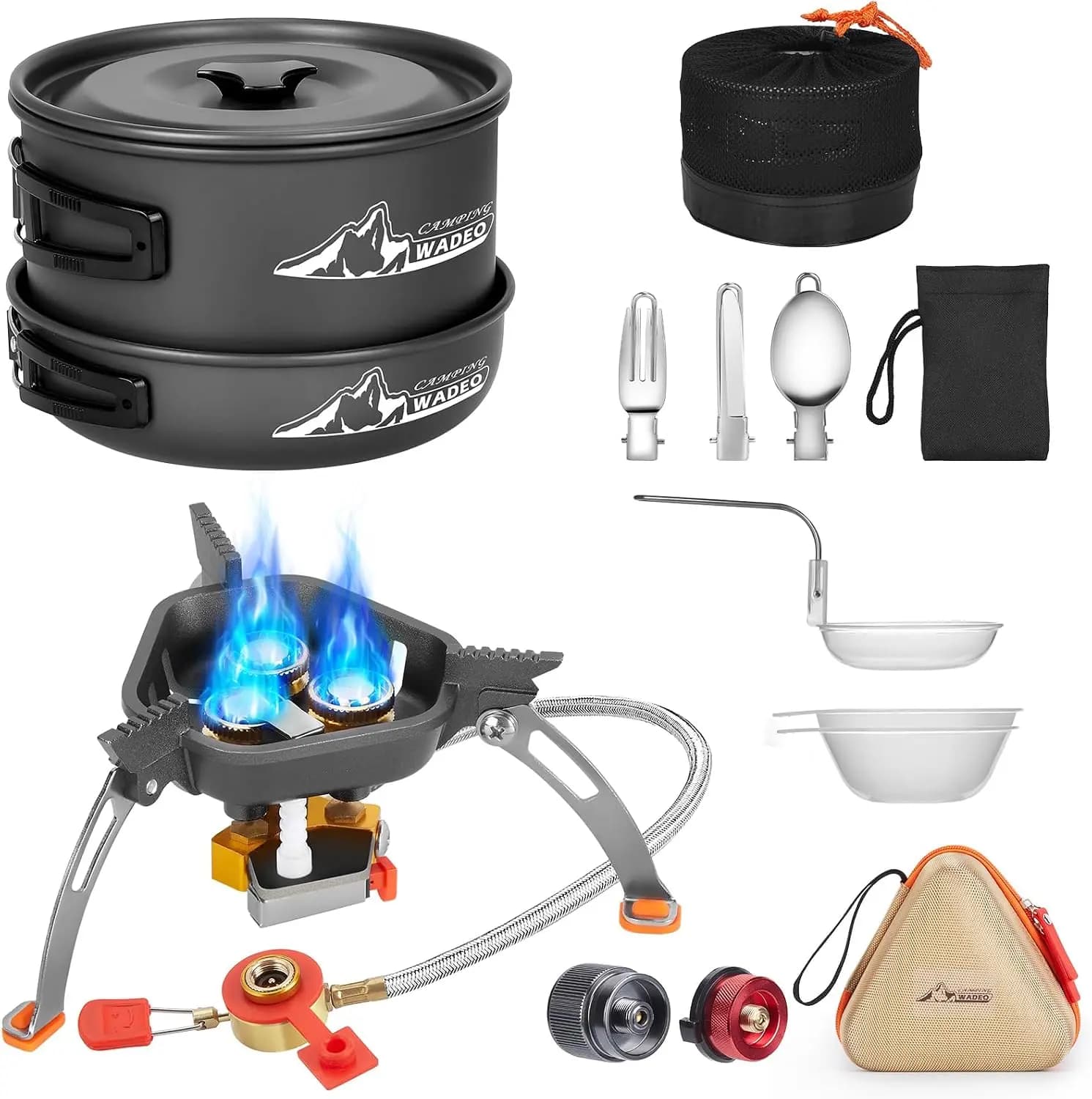 14-Piece Non-Stick Camping Mess Kit with 7200W Stove, Stainless Steel Fork, Knife and Spoon for Outdoor Backpacking Hiking Cooki