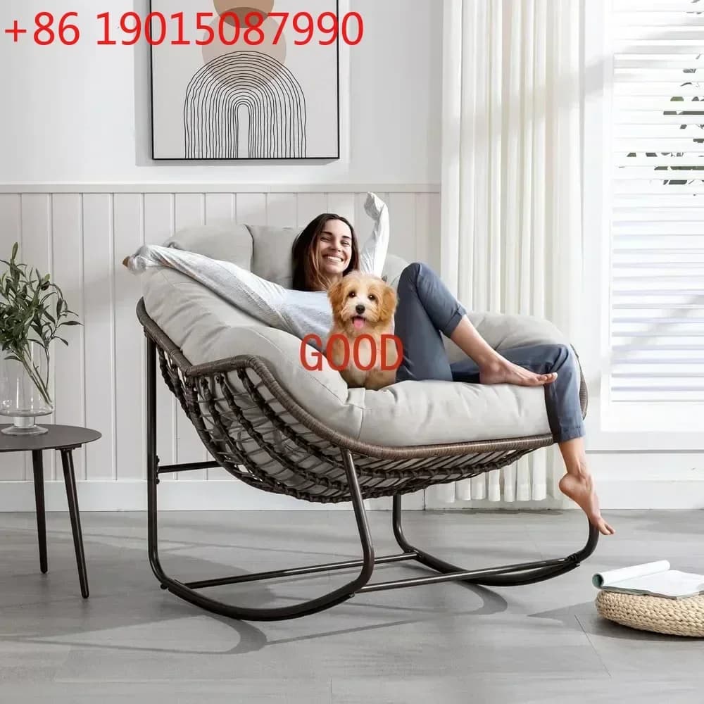Oversized Rocking Papasan Chair with Thick Cushion and Frame Outdoor Rocker, Comfy Wicker Egg Chairs Lounge for Backyard Balcony