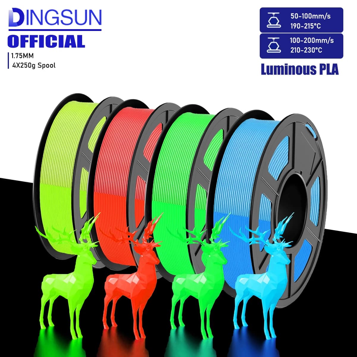 DINGSUN Fast PLA Filament that illuminates in the dark 1,75 mm, fast 3D printer filament with high luminous flux 4 colors 250 g/500 g/1000 g