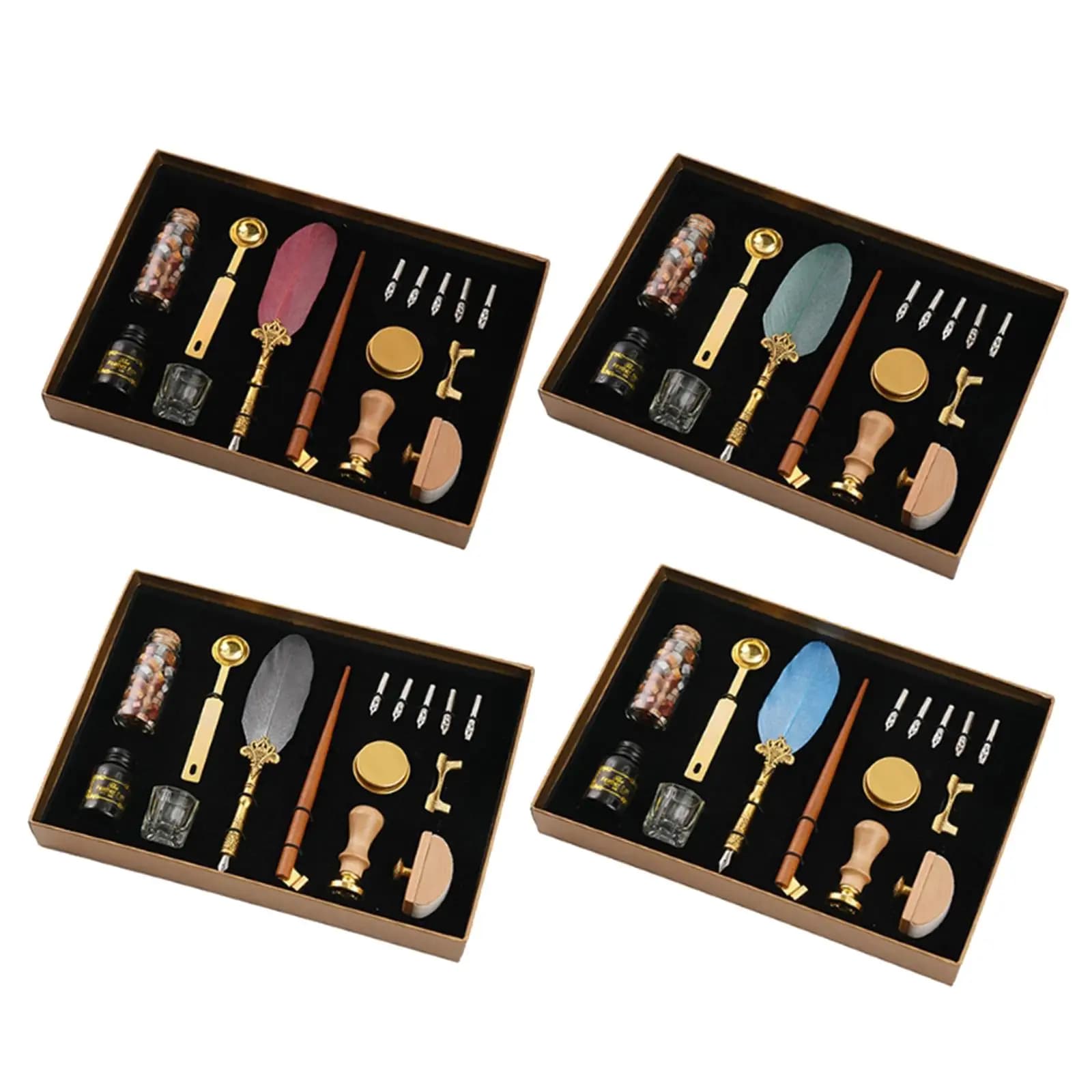 Quill Pen and Ink Set Feather Pen with 5 Stainless Steel Replacement Nibs in Vintage Gift Box for Calligraphy