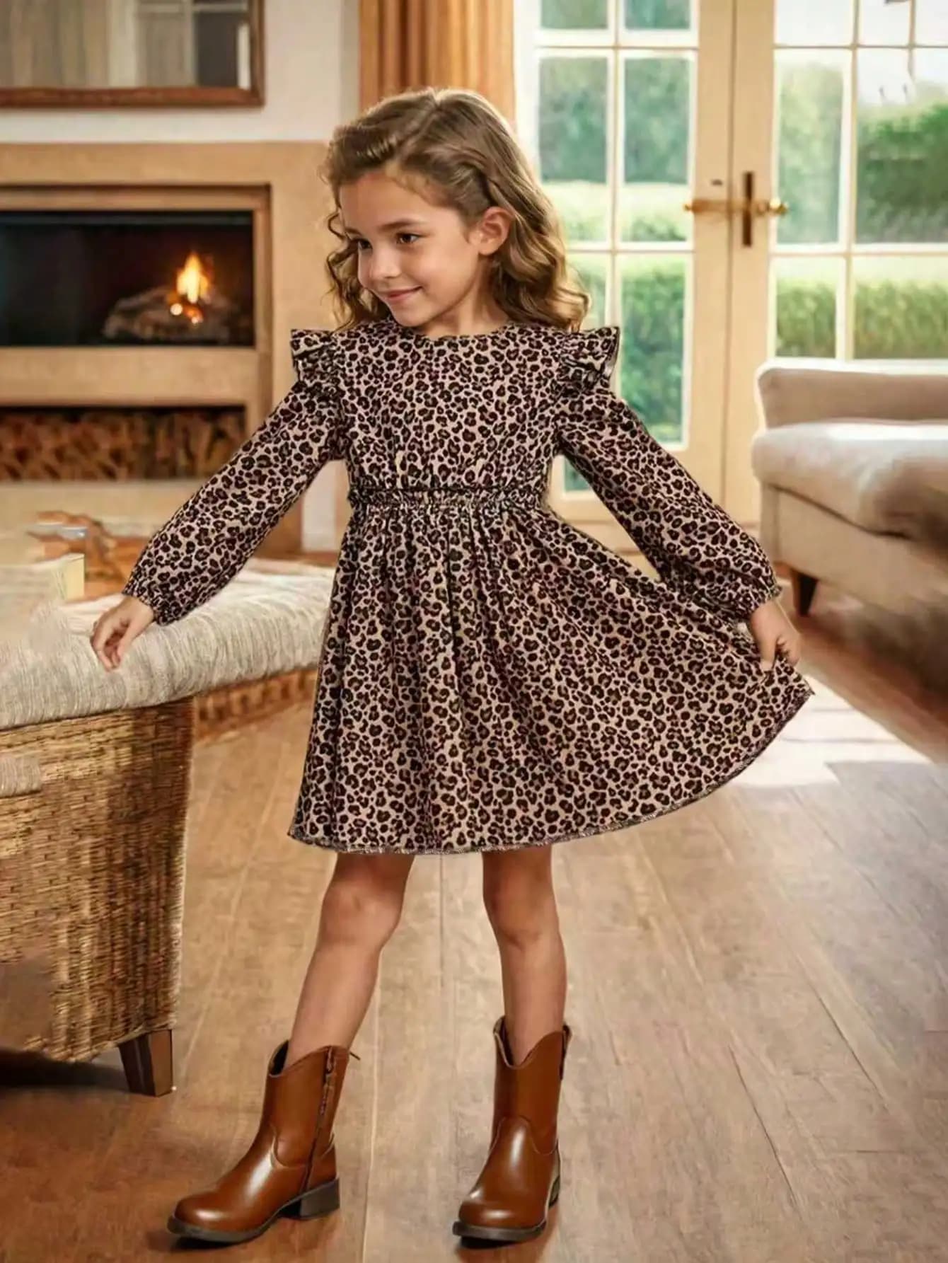 Elegant four season leopard print long sleeved ruffle edge dress for girls, slim knit fabric with flared ruffle edge details