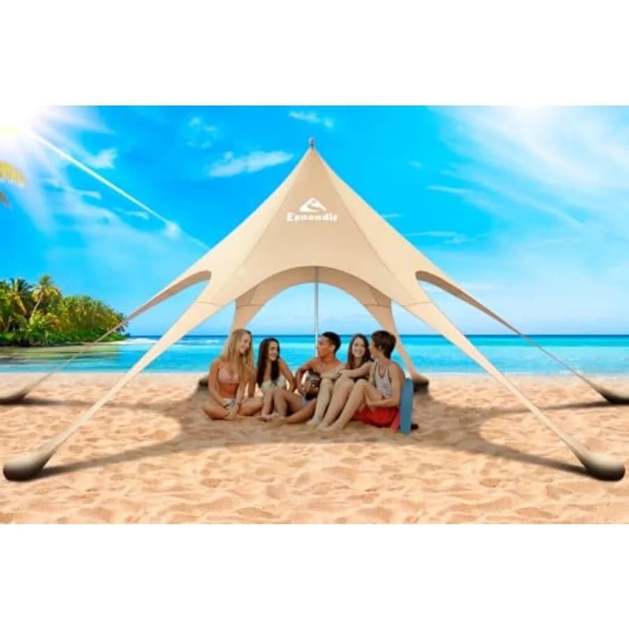 Tenda da Spiaggia Portatile con Protezione UV UPF 80+, Tessuto in Poliestere Beige, per Campeggio e Picnic all'Aperto, 12x12 Piedi