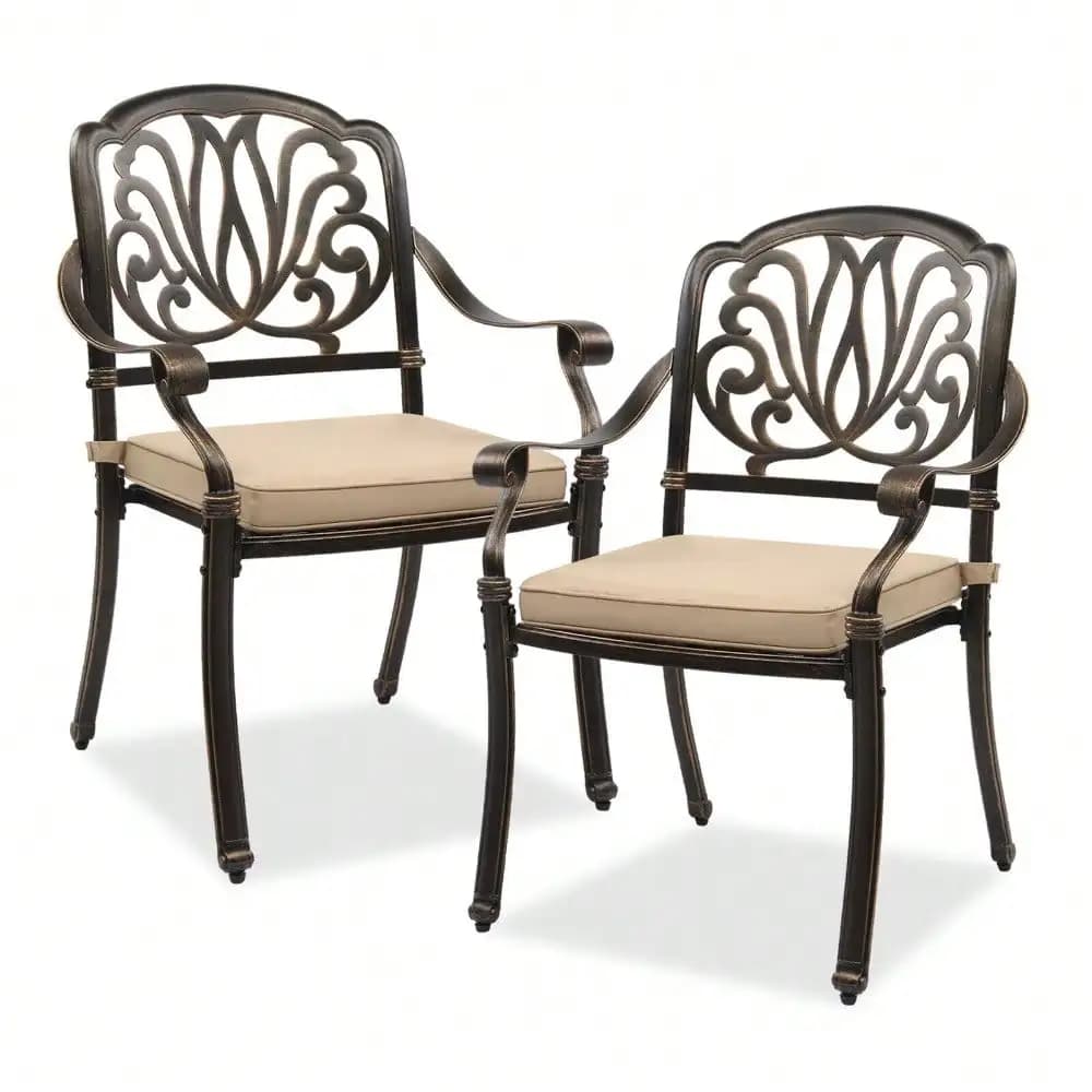 Set di sedie da pranzo da patio composto da 2 sedie da bistrot da esterno in alluminio pressofuso con cuscino