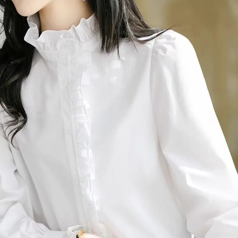 2024 nuova primavera e autunno colletto alla coreana bottoni rattoppati manica lunga bordo volant moda elegante casual tinta unita bordo orecchio camicia
