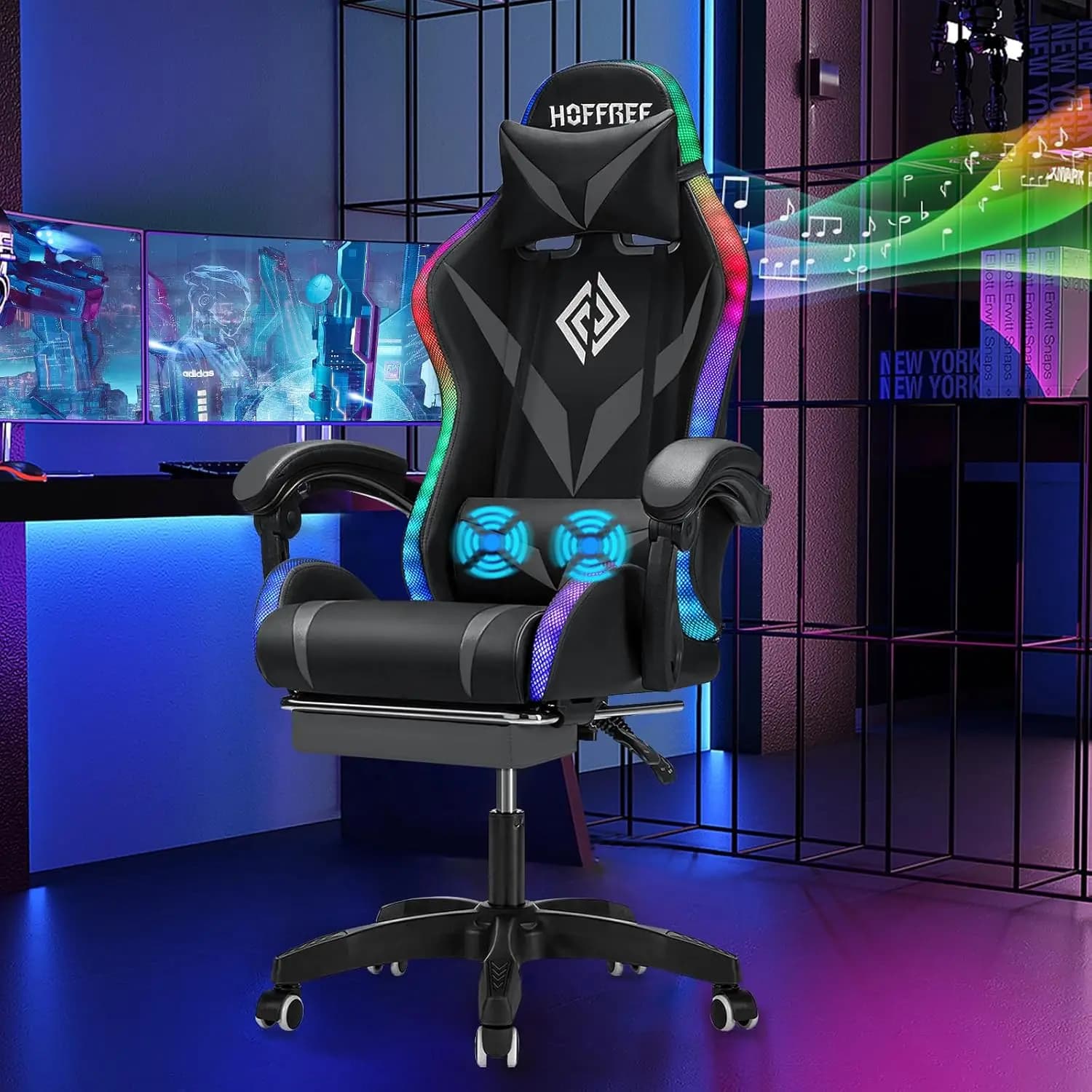 Sedia da gioco Massaggio con altoparlanti Bluetooth e luci a LED Sedie da gioco ergonomiche per computer con poggiapiedi Sedia per videogiochi RGB