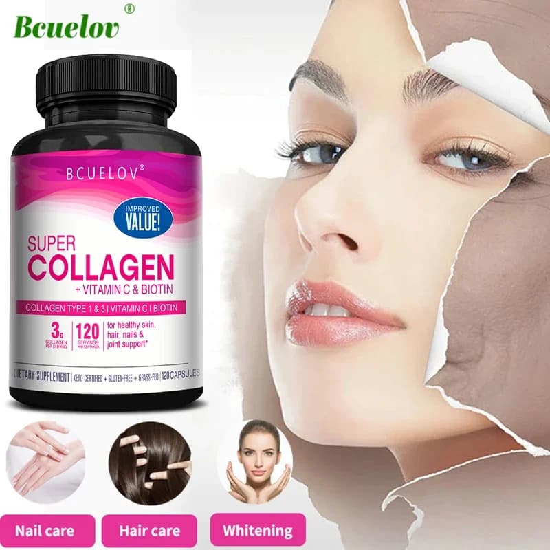 Collagen + Vitamin C plus Biotin, Anti-aging support, Antioxidant, Scratching, Skin supplement, Hair and Nails, 120 Capsules