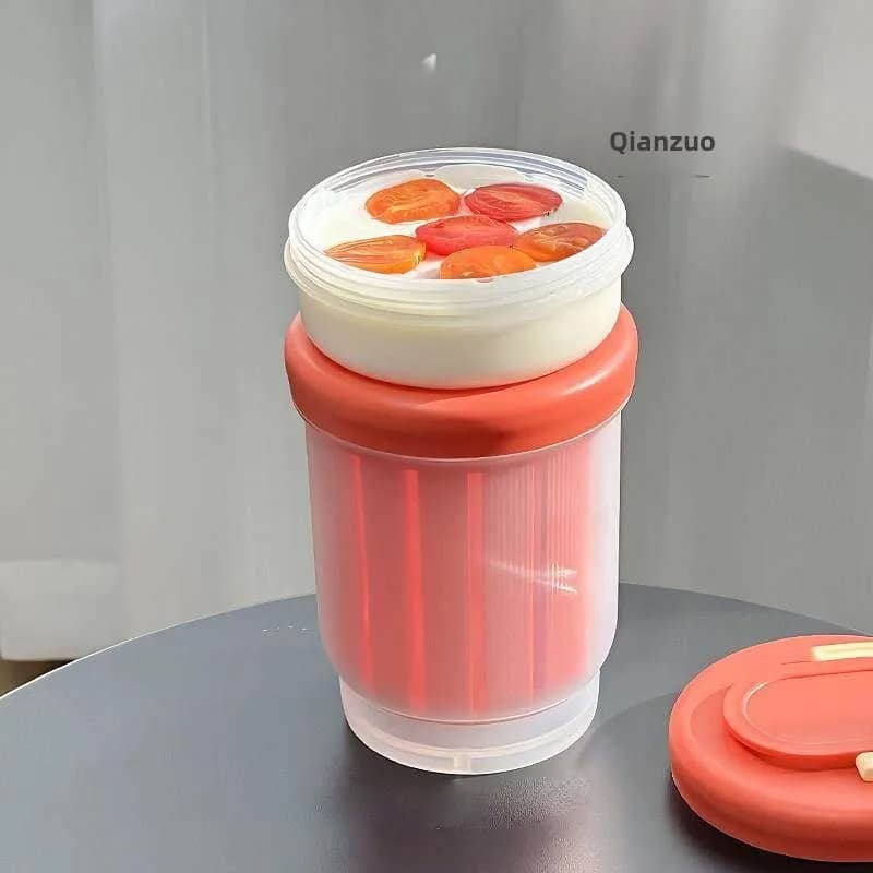 Contenitore Portatile a Doppio Strato per Frutta e Cereali, Contenitore per Yogurt e Insalata di Grado Alimentare, Scatola Pranzo in Plastica Rossa a Forma di Cilindro