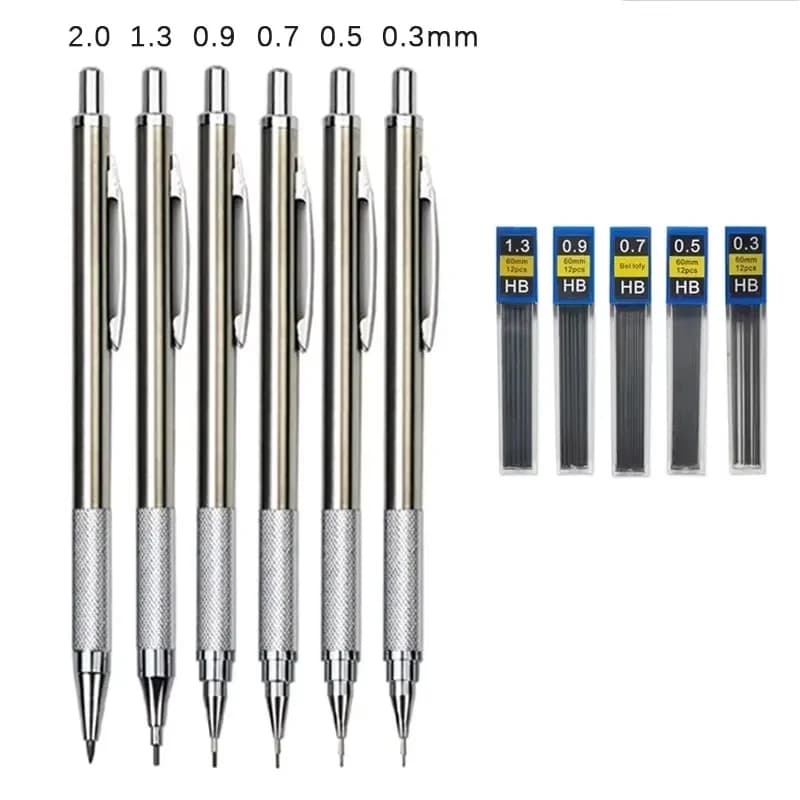 Metal Mechanical Pencil 0.3 0.5 0.7 0.9 1.3 2.0mm Lead Refill Art Automatic Drafting Sketching Pencil For Office School Supplies