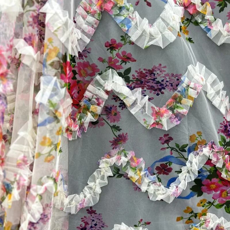 3D Ruffle Pleated Floral Printing Mesh Fabric For Summer Wedding Dress Tutu Skirt Curtain Clothing Supplies DIY Sewing Design