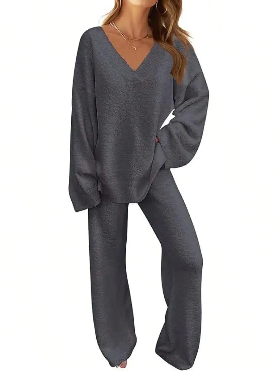 Womens Fuzzy Fleece 2 Piece Pajama Set Long Sleeve V-Neck Top Wide Leg Pants Loungewear