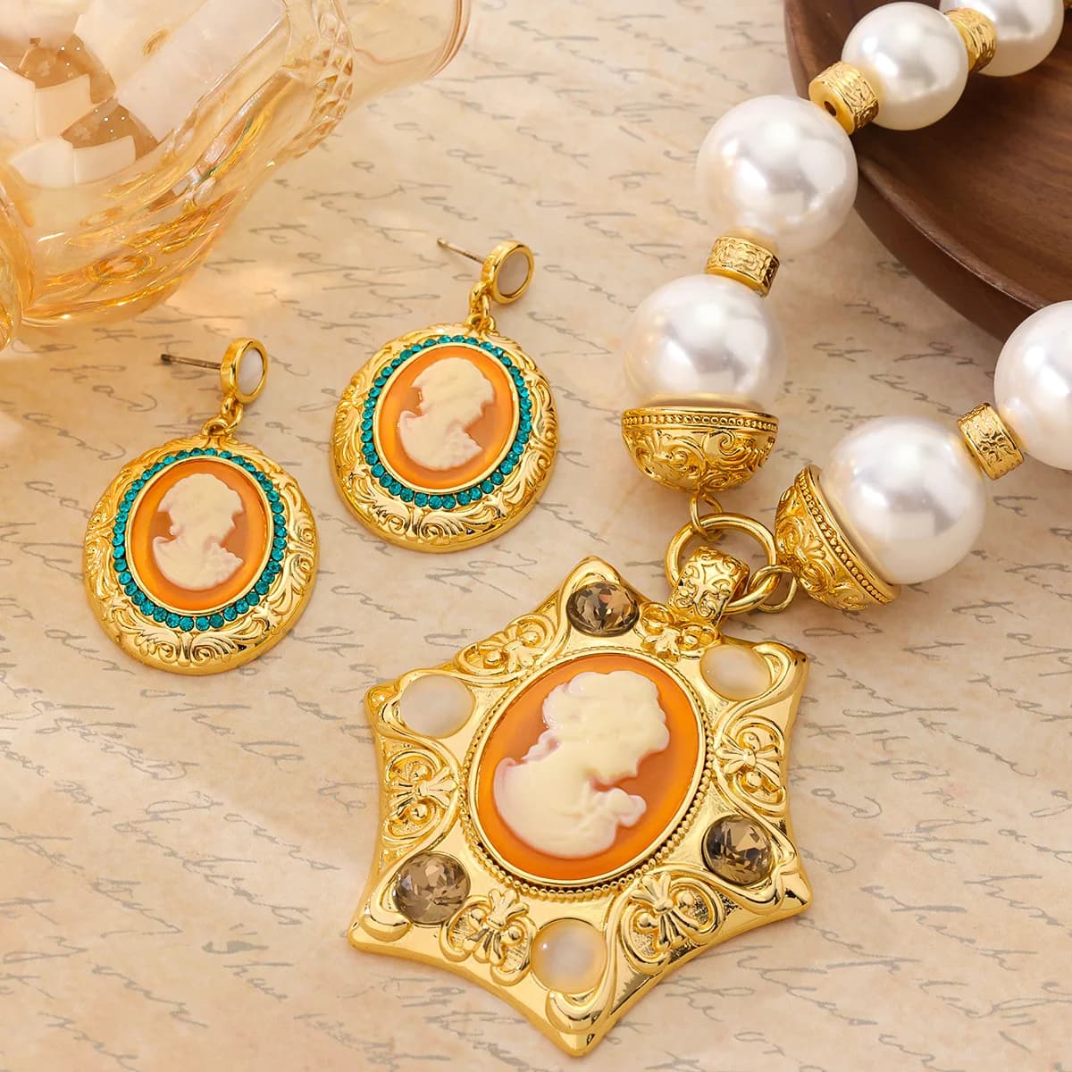 Embossed Vintage Beaded Glass Pendant Necklace, Antique Victorian Pearl Sweater Chain Earrings