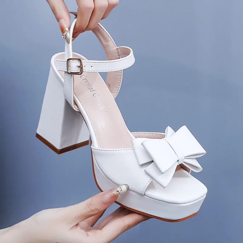 Fashion Women 9CM Square Heel Platform Sandals Round Head Peep Toe Buckle Strap White Bow Lolita Sandals Party Banquet Prom Shoe