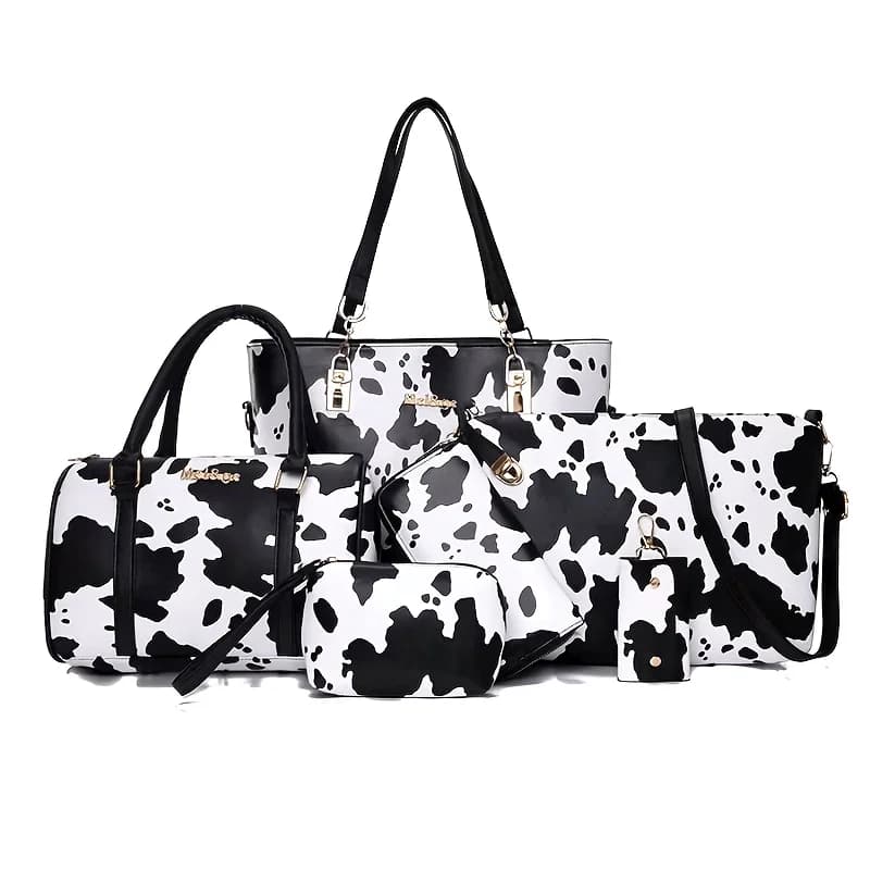 Women's Fashion Vintage Cow Print Shoulder Bag, Handbag, Clutch, Wallet, Key Pouch 6pcs Set, Versatile Commuter Casual Outing Shopping Mother-Daughter Bag Set