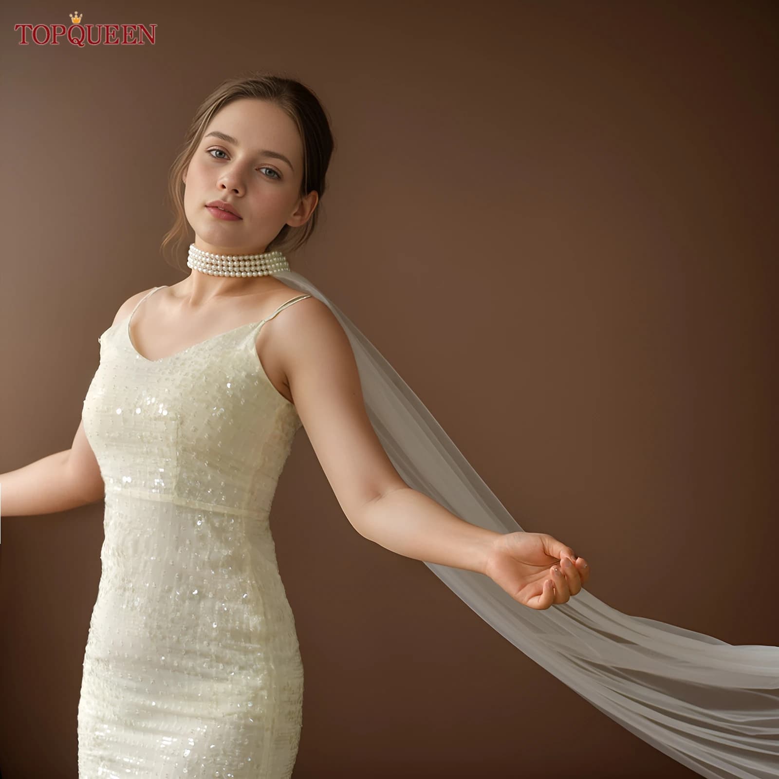 TOPQUEEN Vg126 Scialle di perle da sposa Sciarpa di perline Mantello lungo in tulle da donna Bolero Copricostume da donna Accessori da sposa Personalizzabili