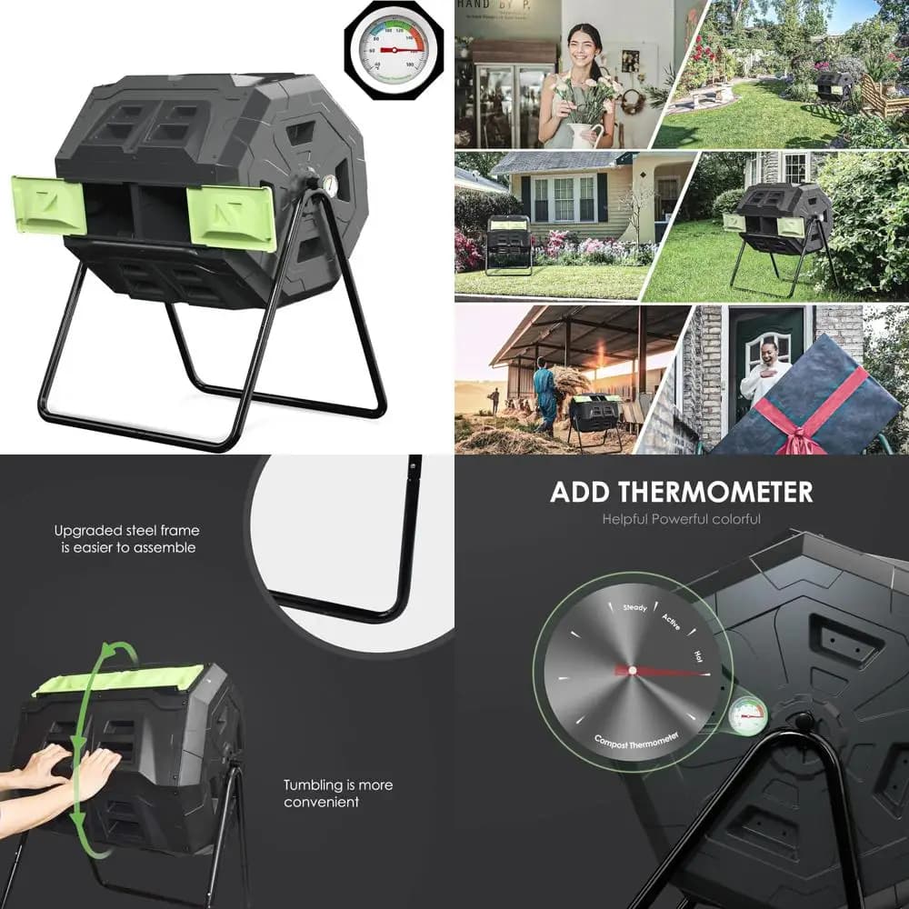 Grande contenitore per compost da giardino esterno con funzione rotante e termometro incorporato per il monitoraggio automatico della temperatura - S