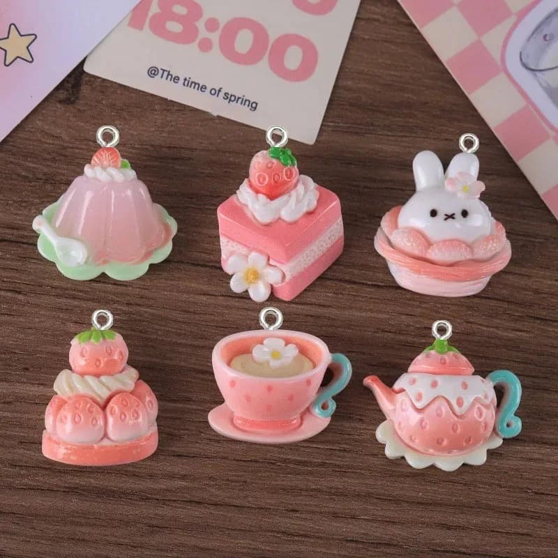 10pcs Cartoon sweet Pink series strawberry cake resin pendant diy Afternoon tea jewelry accessories making hair clip Keychain