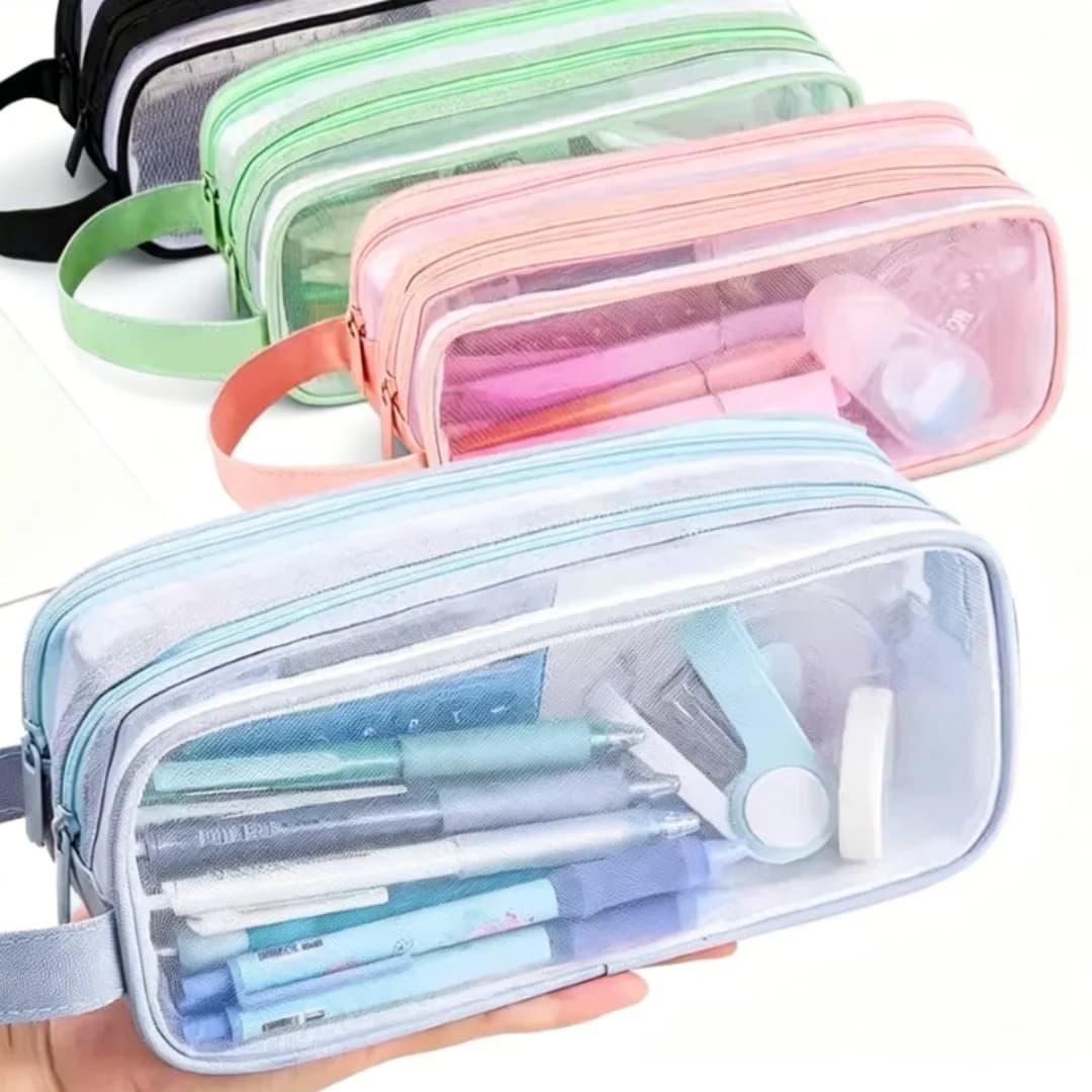 Large Capacity Double Layer Transparent Mesh High Aesthetic Value Pen Bag Universal Stationery Box Portable Storage Bag for Exam