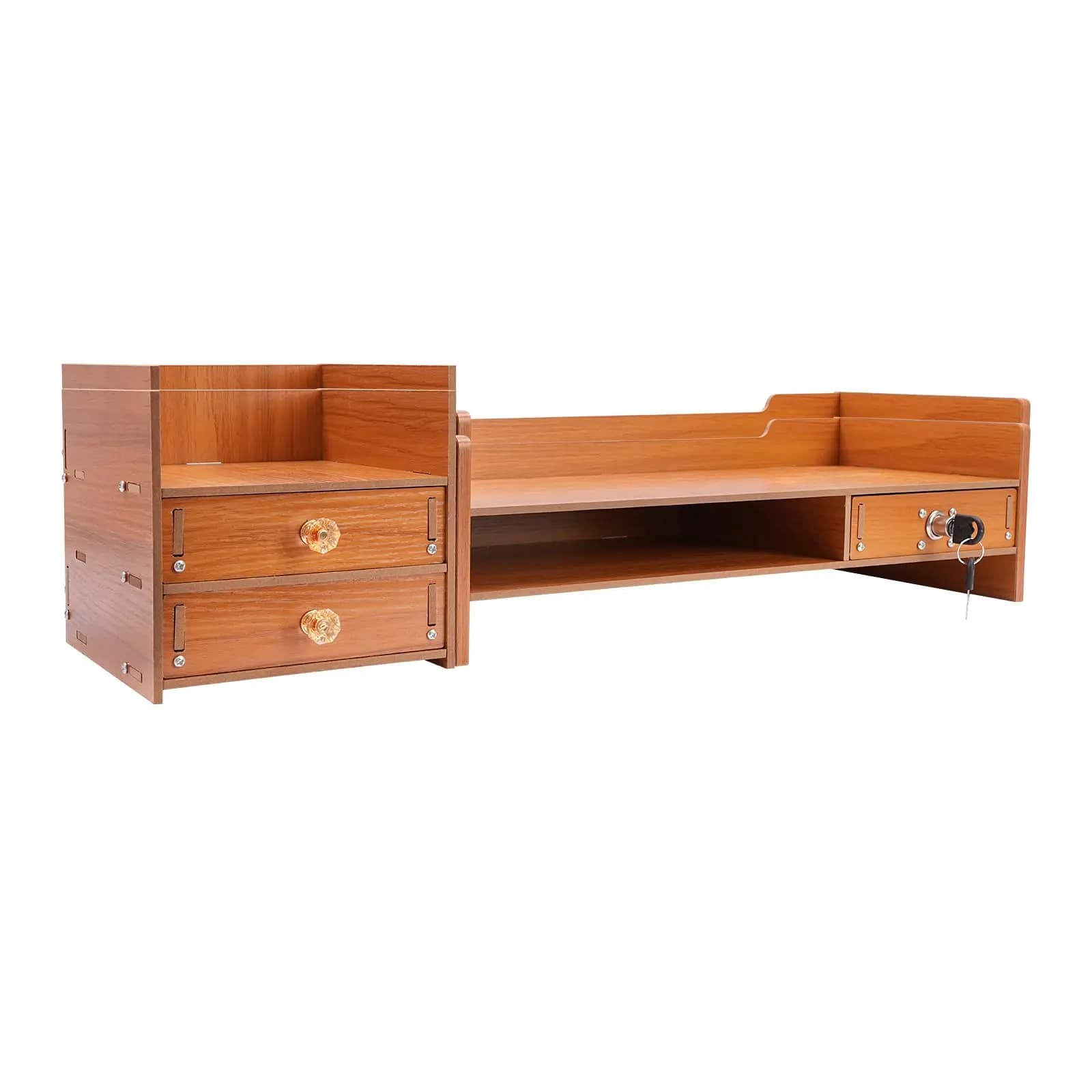 Wooden computer monitor stand, computer rack with adjustable organizer and drawer for storing table objects, table monitor support for comp