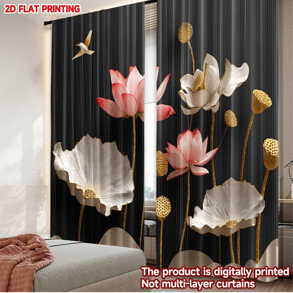 2 curtains with lotus flowers, elegant pink white flowers with golden seeds pods on black background for bedroom furniture