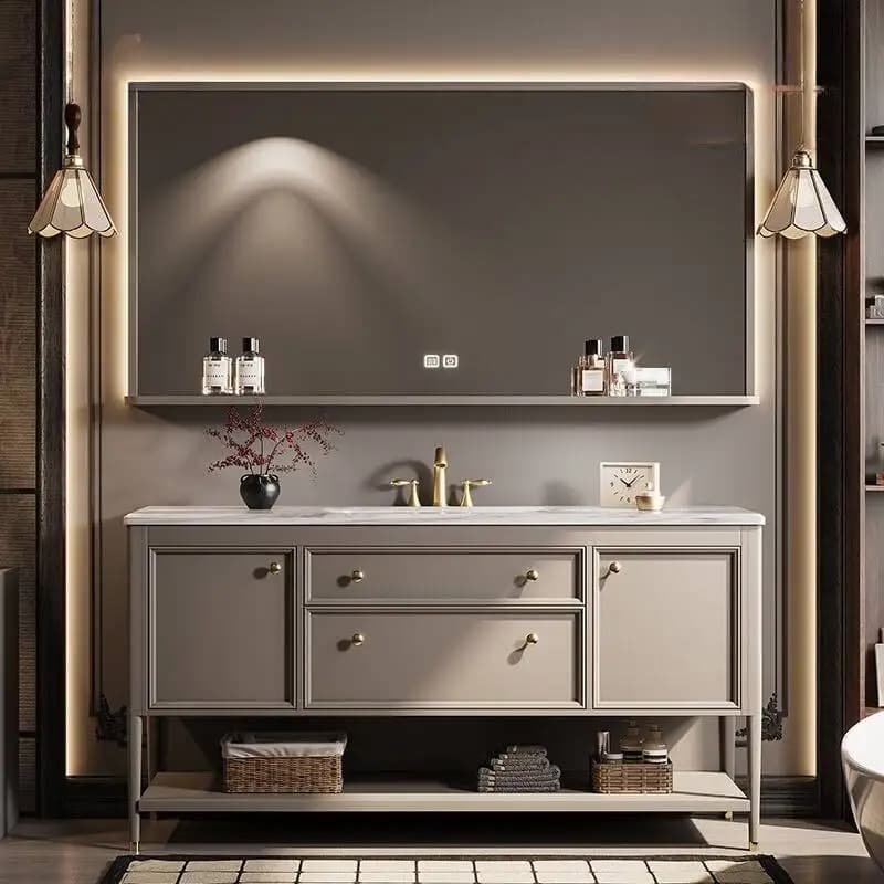 Mobiletto da bagno moderno di lusso grigio Lavandino in piedi salvaspazio Mobiletto da bagno in legno stretto Meuble Salle De Bain Mobili per la casa