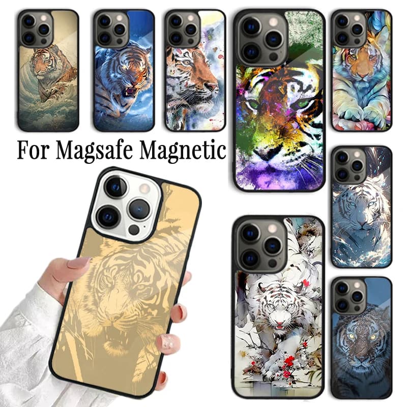 Cover per iPhone con Design Artistico Tigre Animale alla Moda per iPhone 17 16 15 14 13 12 11 Pro Max Plus Magnetica Compatibile con Magsafe