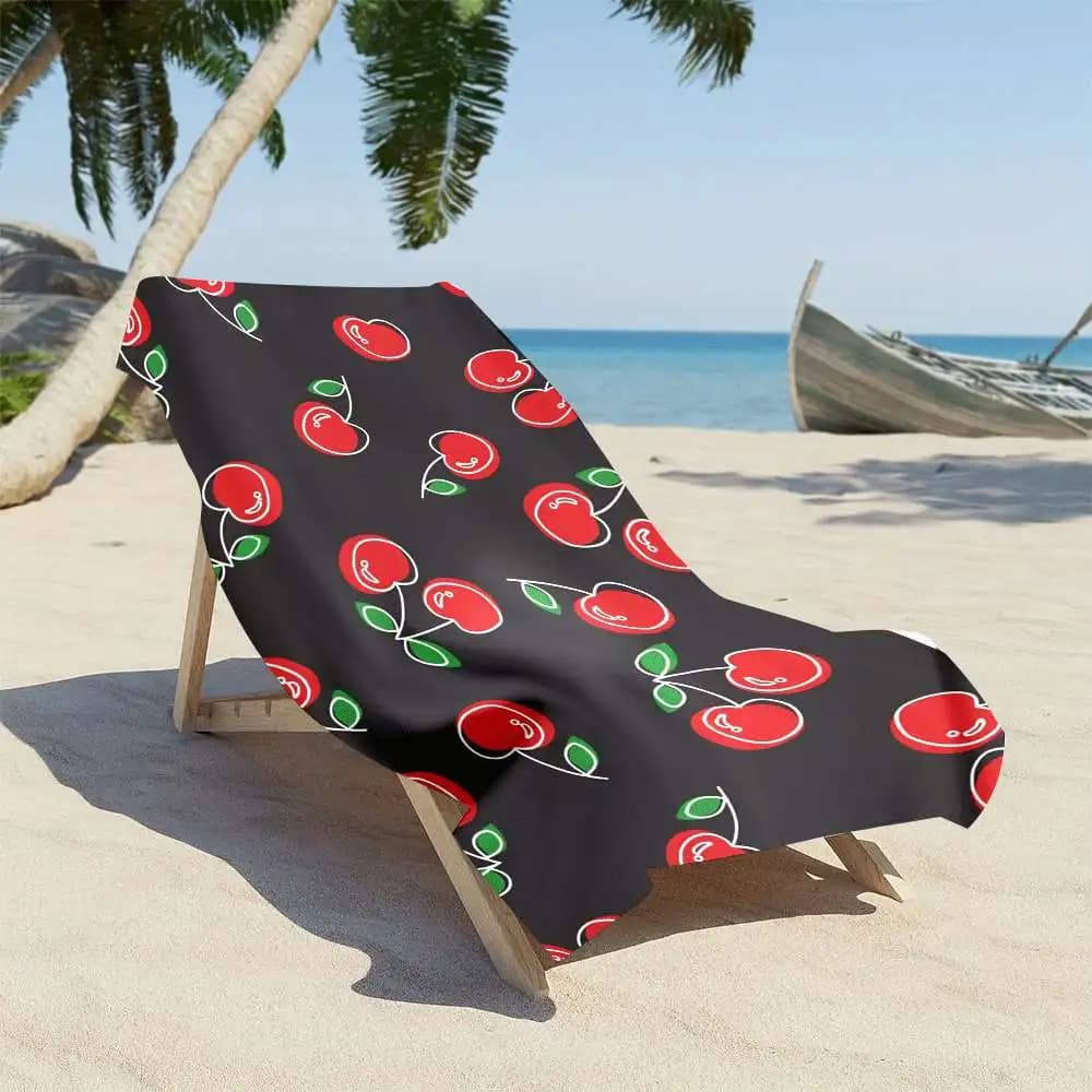 Cherry Print Black Beach Towel, Ultra Fine Quick Dry Strong Wrap Lightweight Absorbent for Swimming Pool Beach Travel