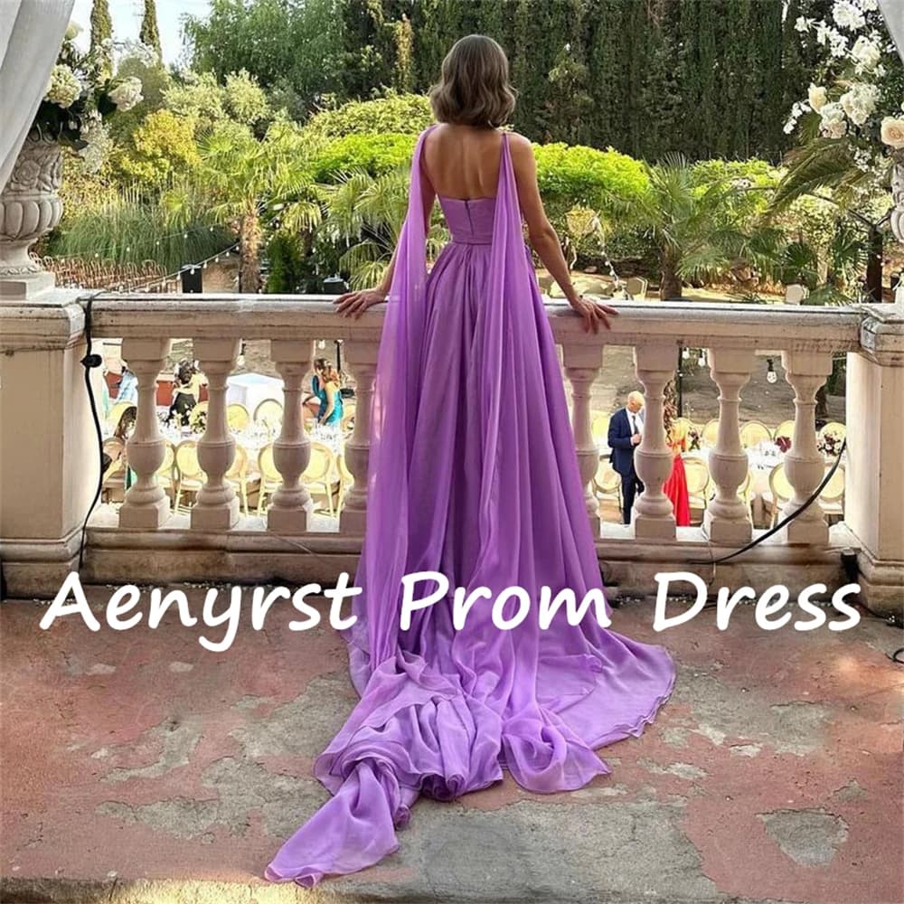 Aenyrst Abiti da ballo viola con cinturino per spaghetti Una linea laterale in chiffon con scialle Abiti da festa da sera Abito da festa lungo fino al pavimento
