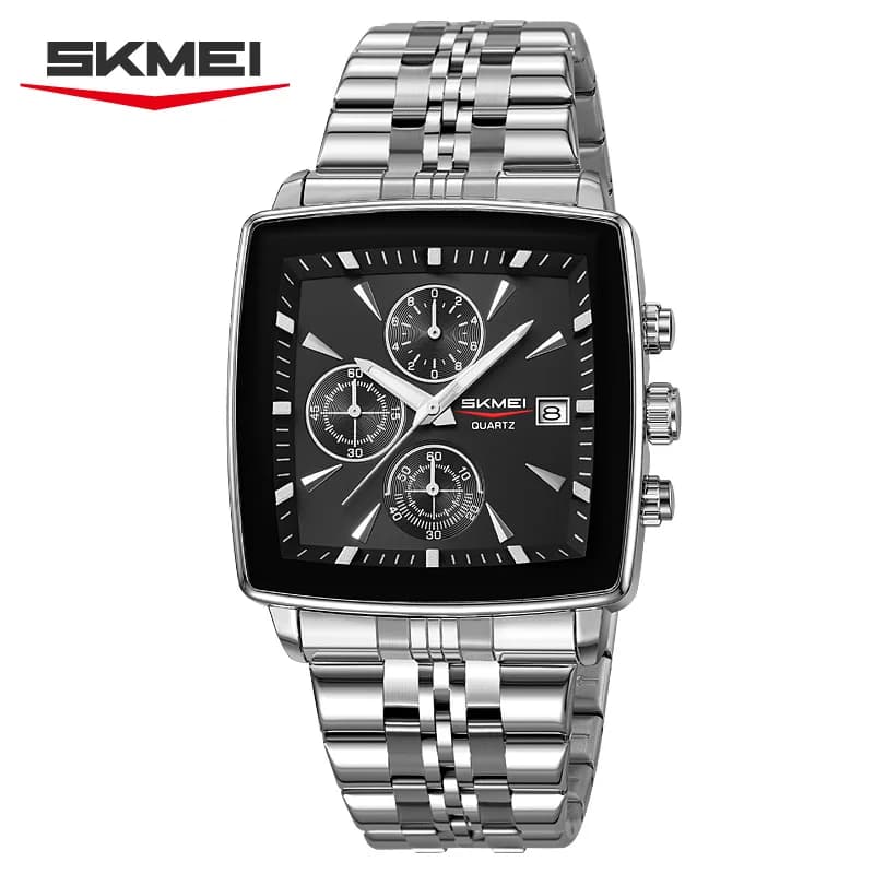 SKMEI 2434 Orologio da Uomo al Quarzo Elegante e Professionale, Quadrante Grande Quadrato, Impermeabile, Cronografo, Calendario, Cinturino in Acciaio, Data