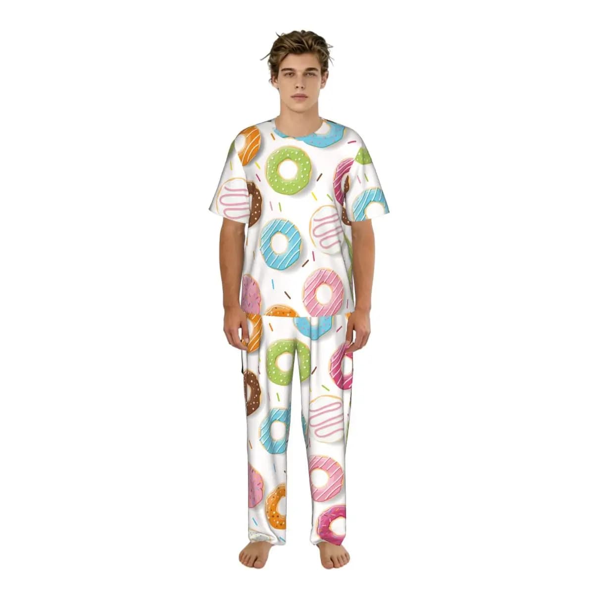 Pigiama da uomo estivo: completo con top a maniche corte e pantaloni lunghi, abbigliamento da notte e per casa, con fantasia colorata di ciambelle lucide e deliziose