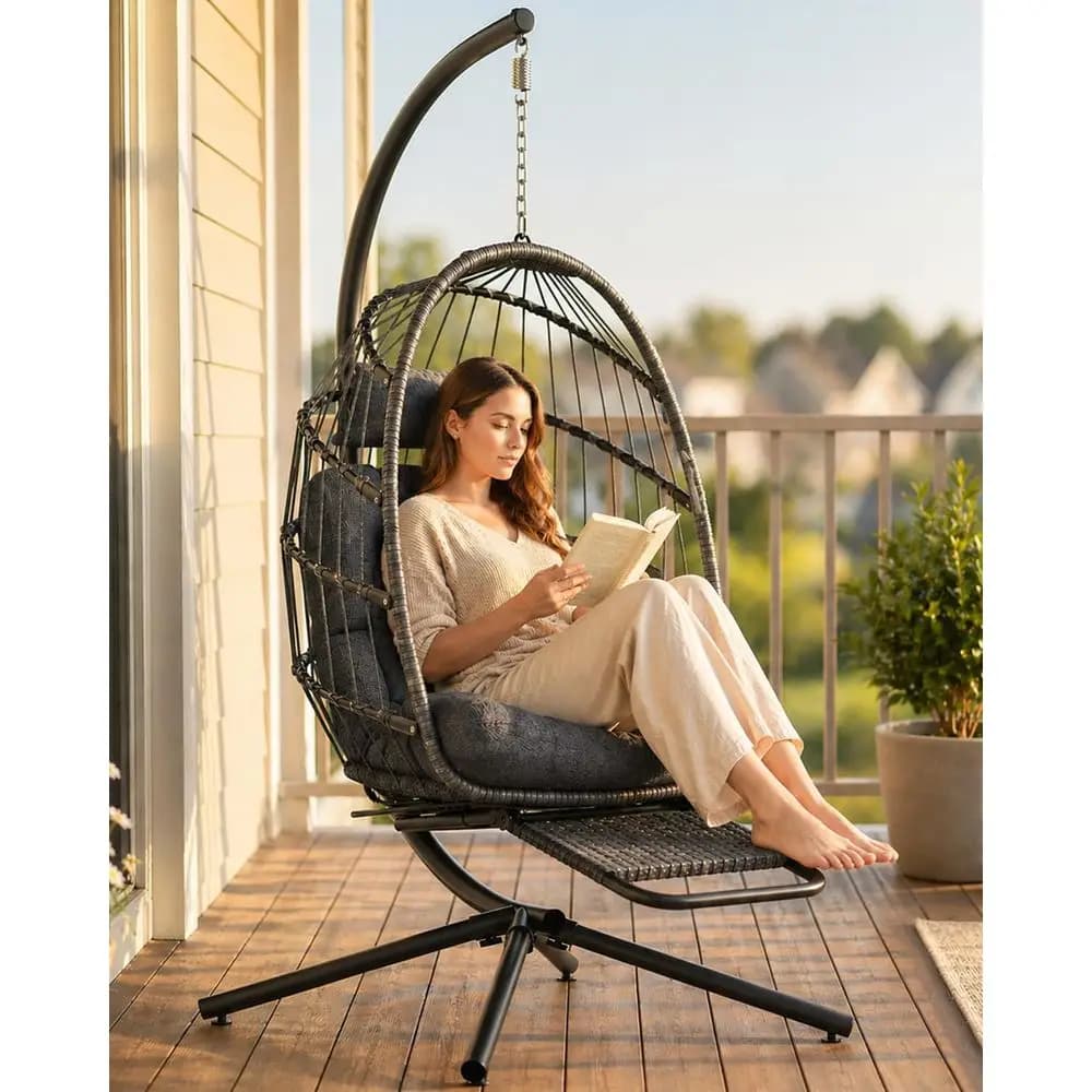 Sedia a dondolo a forma di uovo da esterno con supporto e poggiapiedi, sedia a dondolo sospesa in vimini da interno con cuscino per patio, camera da letto, giardino - Antracite
