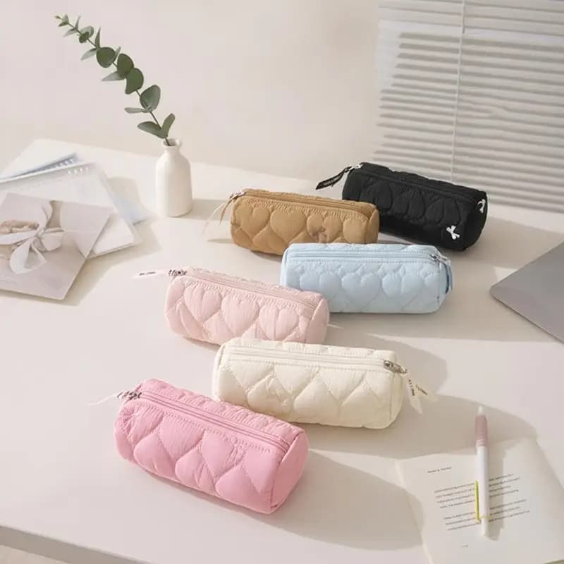 Soft Quilted Heart Pencil Case With Large Capacity And Smooth Zipper Perfect For Students School Office Stationery Storage