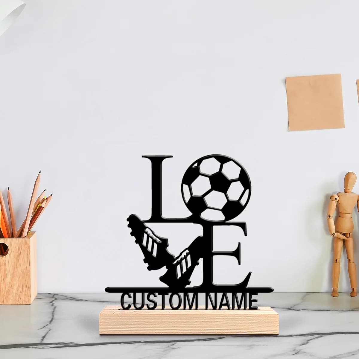 Custom Metal Ball Shape Football Statue with Wood and Lighting Base for Office, Laboratory, Modern Rustic Style, Steampunk Themes
