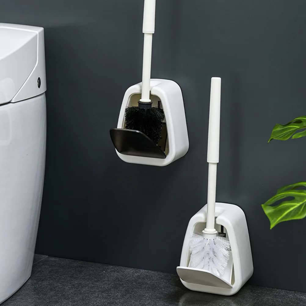 Spazzola per WC con Manico Lungo, Base ad Apertura Automatica in Plastica Bianca, Accessori per Pulizia Bagno Casa e Hotel