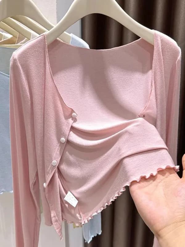 Cardigan Rosa Dopamina da Donna, Estivo, in Seta Ghiaccio Lavorata a Maglia, Protezione Solare, Copricostume per Abito Halter