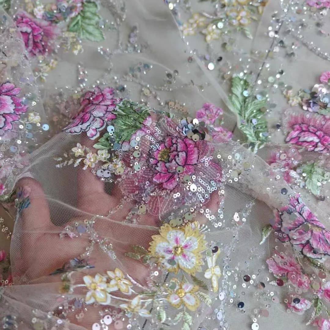 1M 120Cm Wide Luxury Beaded Lace Fabric 3D Embroidery Sequins Spray Painted Soft Tulle Mesh Textile for Dress Making F107
