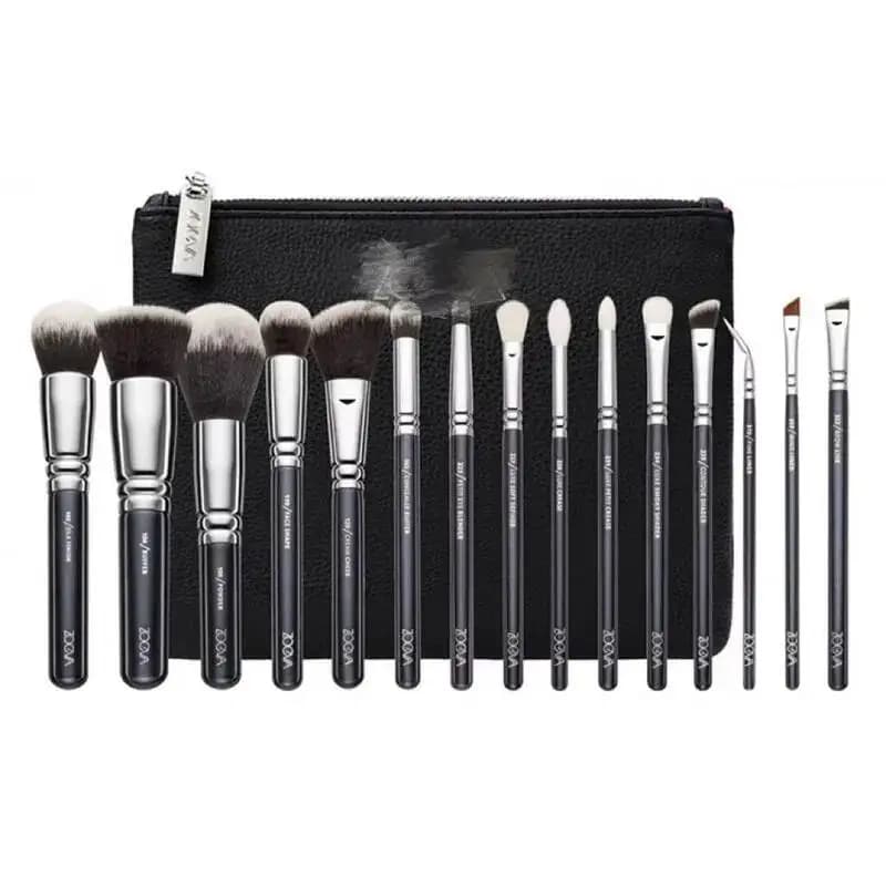 Set di 15 Pennelli Marroni/Neri per Trucco: Cipria, Fard, Ombretto, Sopracciglia e Gloss