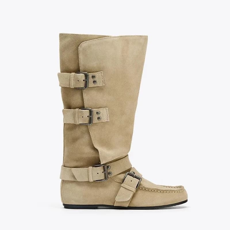 Women's Mid Boots Suede Straps with Buckle Retro Style Comfortable Flat Heel Fashion Daily Clothing Versatile Autumn and Winter