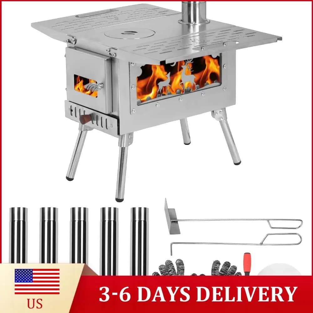 Tent stove with stainless steel structure, Wood stove for curtain with pipes for smoke barrels Included for Kitchen and Open Heating