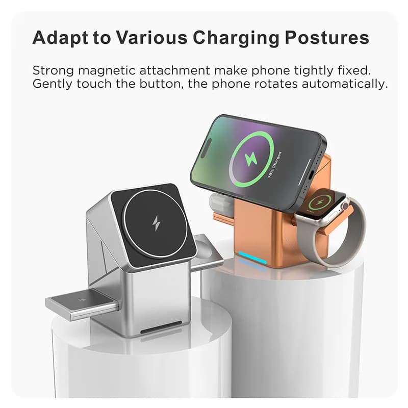 Stazione di ricarica wireless magnetica Qi2 3 in 1 con pulsante touch per iPhone, telefoni Samsung e Apple Watch, dock di ricarica rapida.