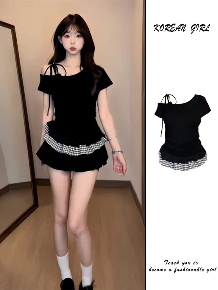 Spicy Girl Knot Short Sleeve T-Shirt Women's Summer Korean Style Plaid Lace Trim Splice Short Top Commute Elegant L...