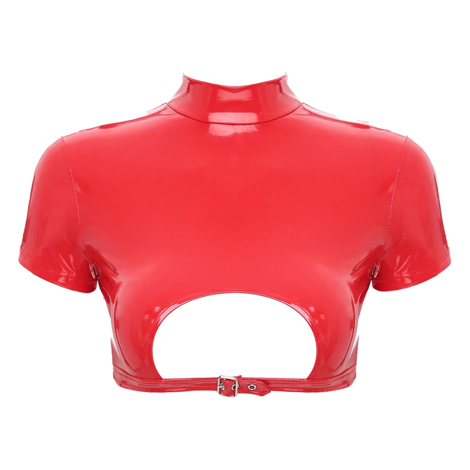 Maglietta da donna in ecopelle metallizzata lucida a maniche corte con collo a lupetto e cerniera sul retro, canotta corta, maglietta in lattice, costume da club sexy