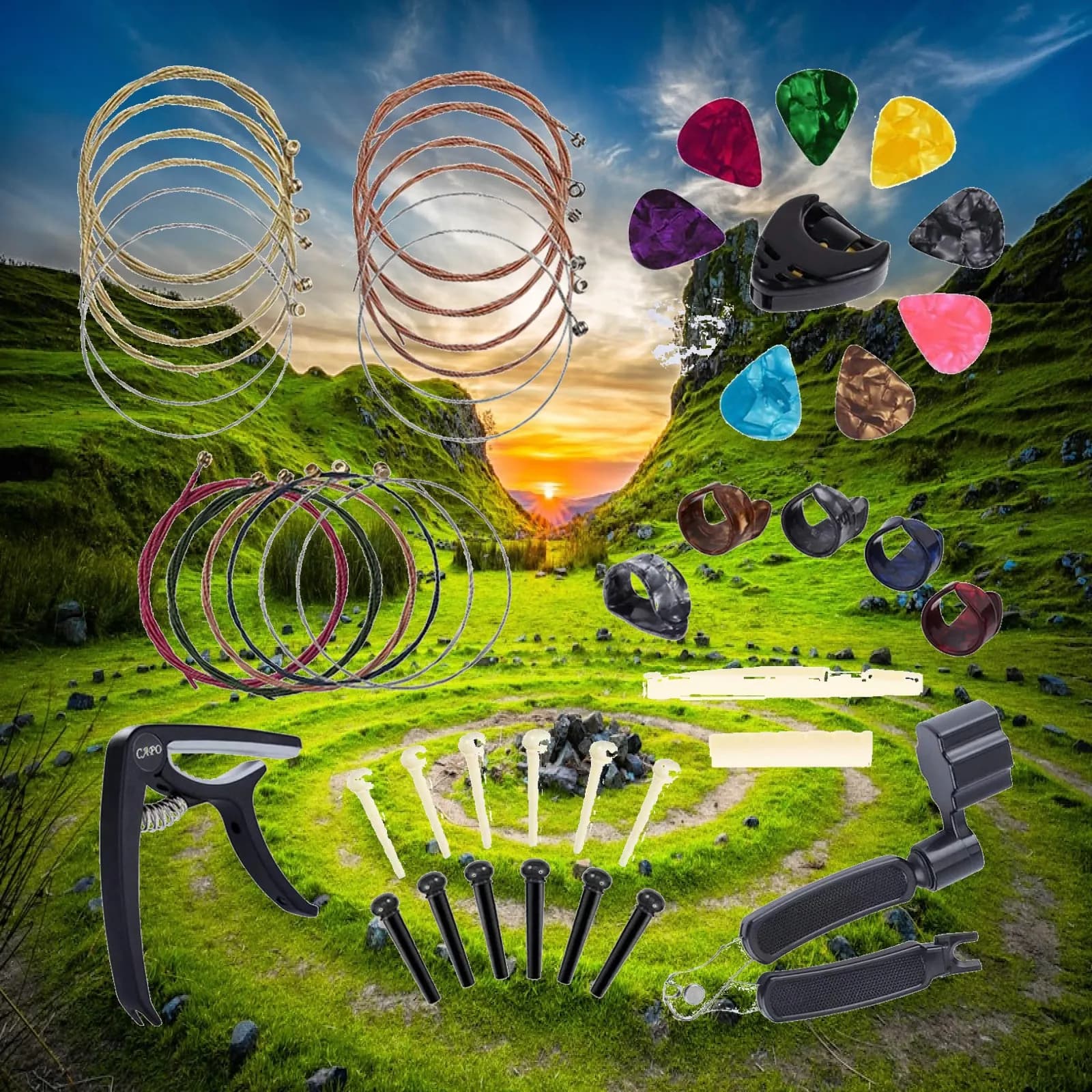 Guitar Maintenance Tool Kit with String Winder Finger Protect Picks Acoustic Strings for Guitar Accessories