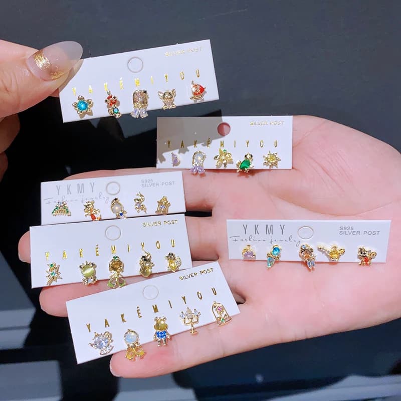Mixed 5pcs/Set Colorful Zircon Crystal Fairy Tale Stud Earrings for Women Girls Party Gift Jewelry