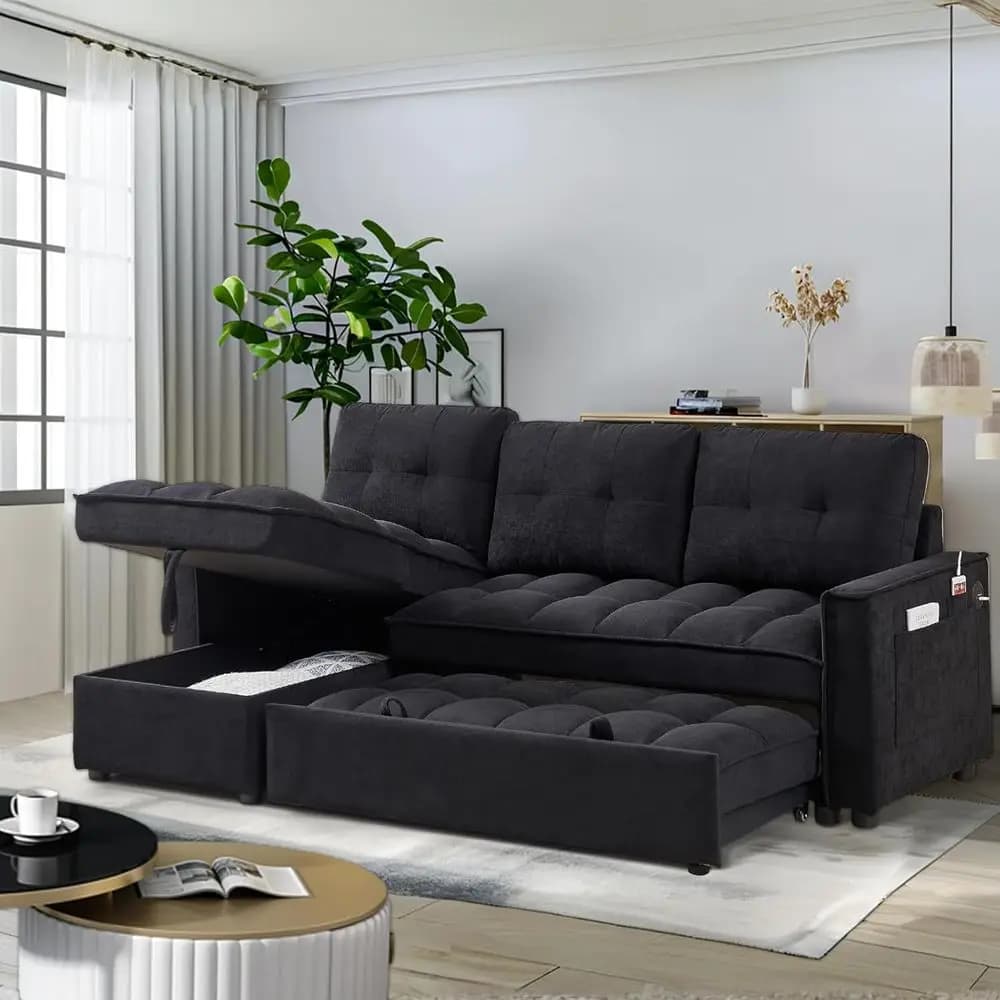 Divano letto a L in ciniglia nera con divano estraibile e porte USB