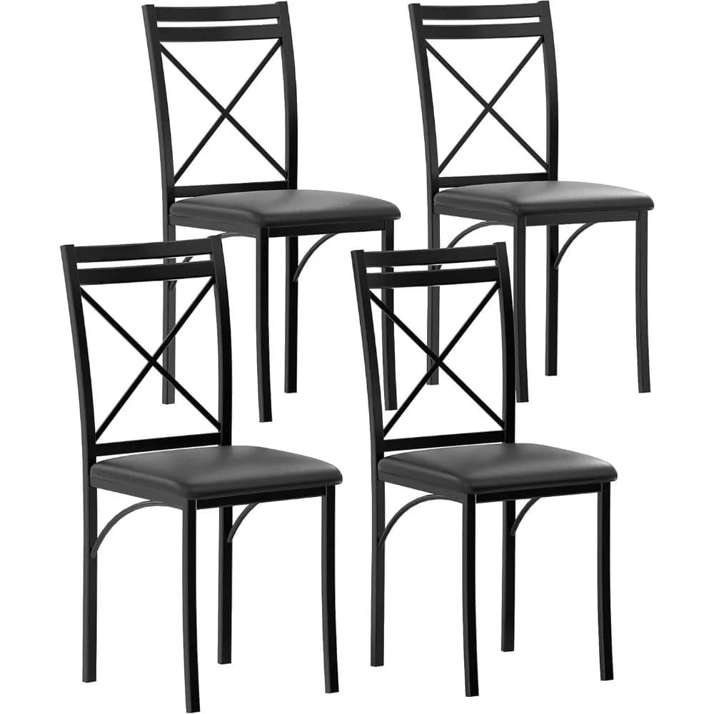 Set di 4 sedie da pranzo in metallo, gambe in acciaio e sedili con cuscino in pelle per cucina, soggiorno, nero
