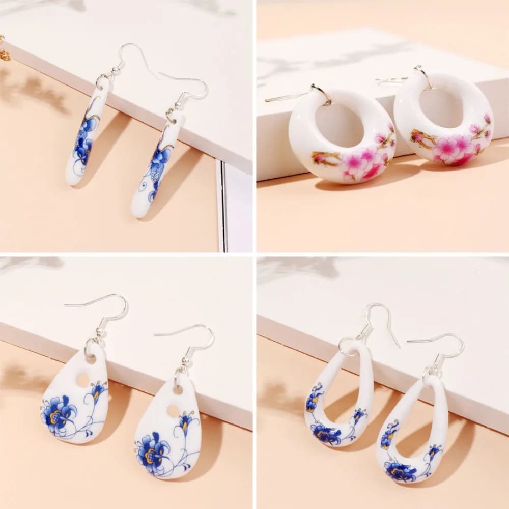 Chinese Charm Hollowed-out Water Drop Shape Ceramic Butterfly Blue White Porcelain Dangle Earrings for Women Ethnic Jewelry Gift
