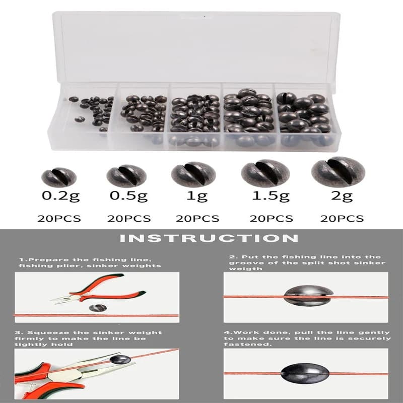 Set da 100 Pezzi di Piombi da Pesca: Piombi a Goccia, Piombi Aperti, Piombi Rotondi Nudi, Piombi a Clip per Pesca dalla Zattera e Piombi per Pesca a Piattaforma